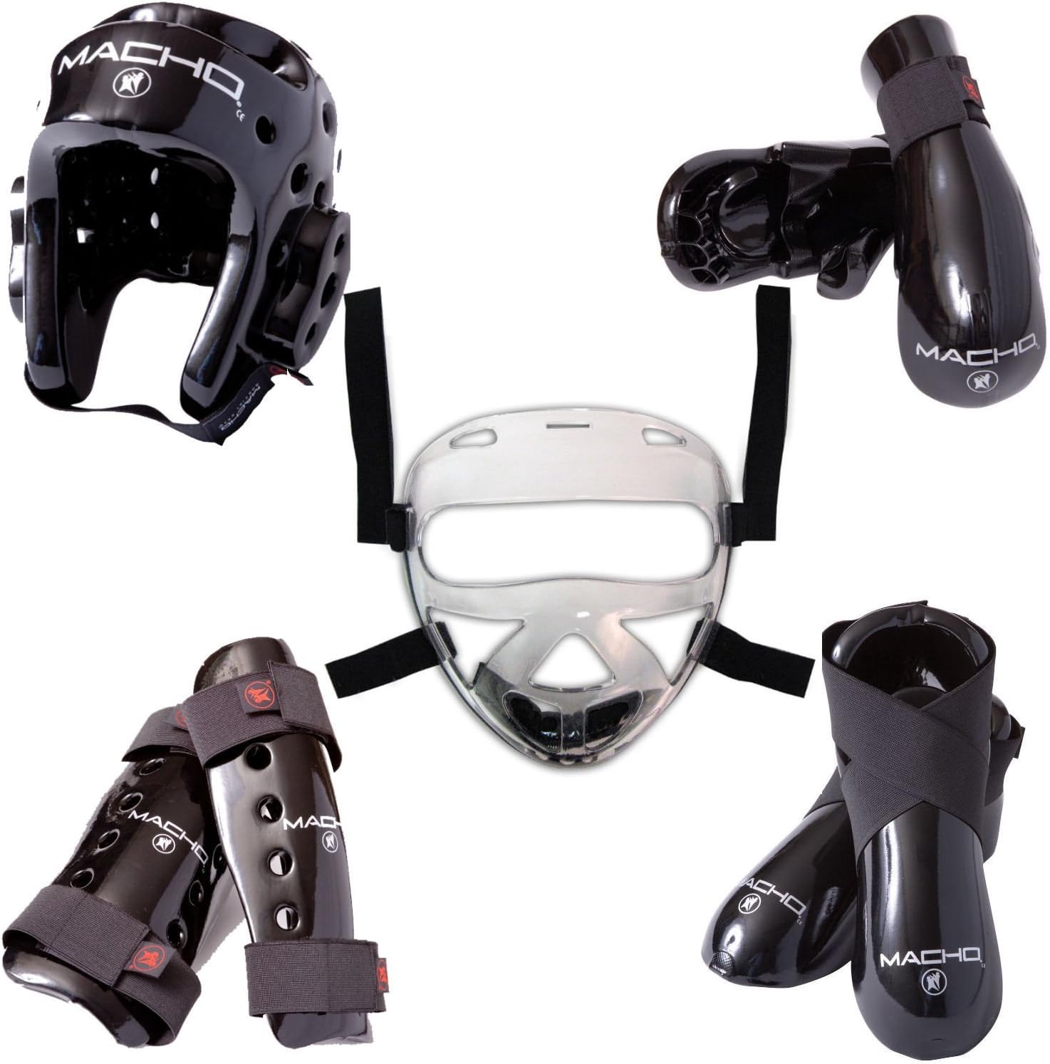 Macho Dyna 8 Piece Sparring Gear Set with shin Guards and face Shield Black Child Medium